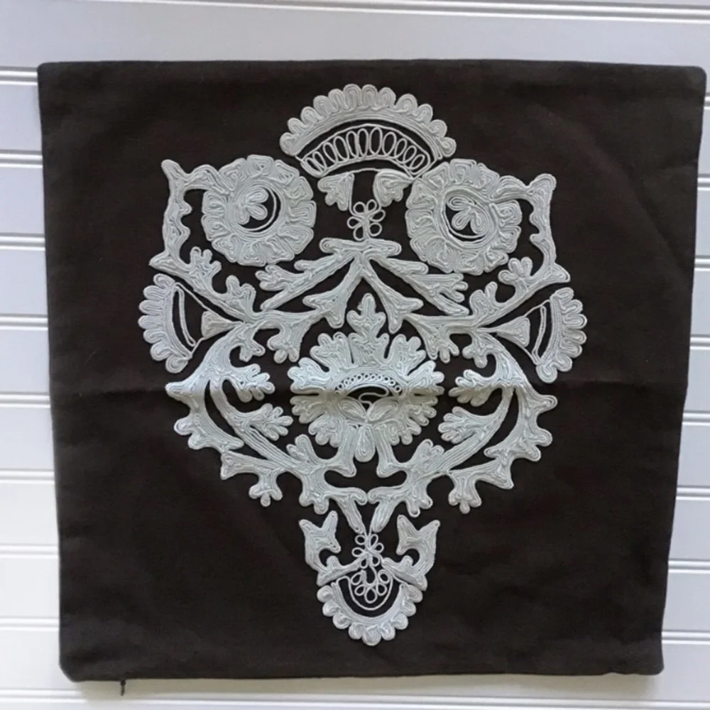 West Elm EUC Pillow Cover Only Embroidered Zipper West Elm Brown And White